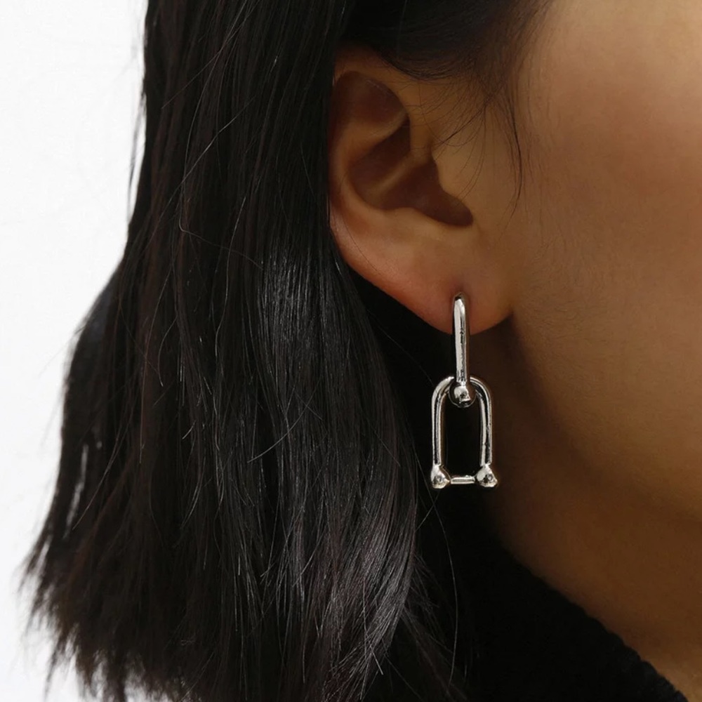 NEW LUXURY PUNK SILVER LOCK CLIP EARRINGS